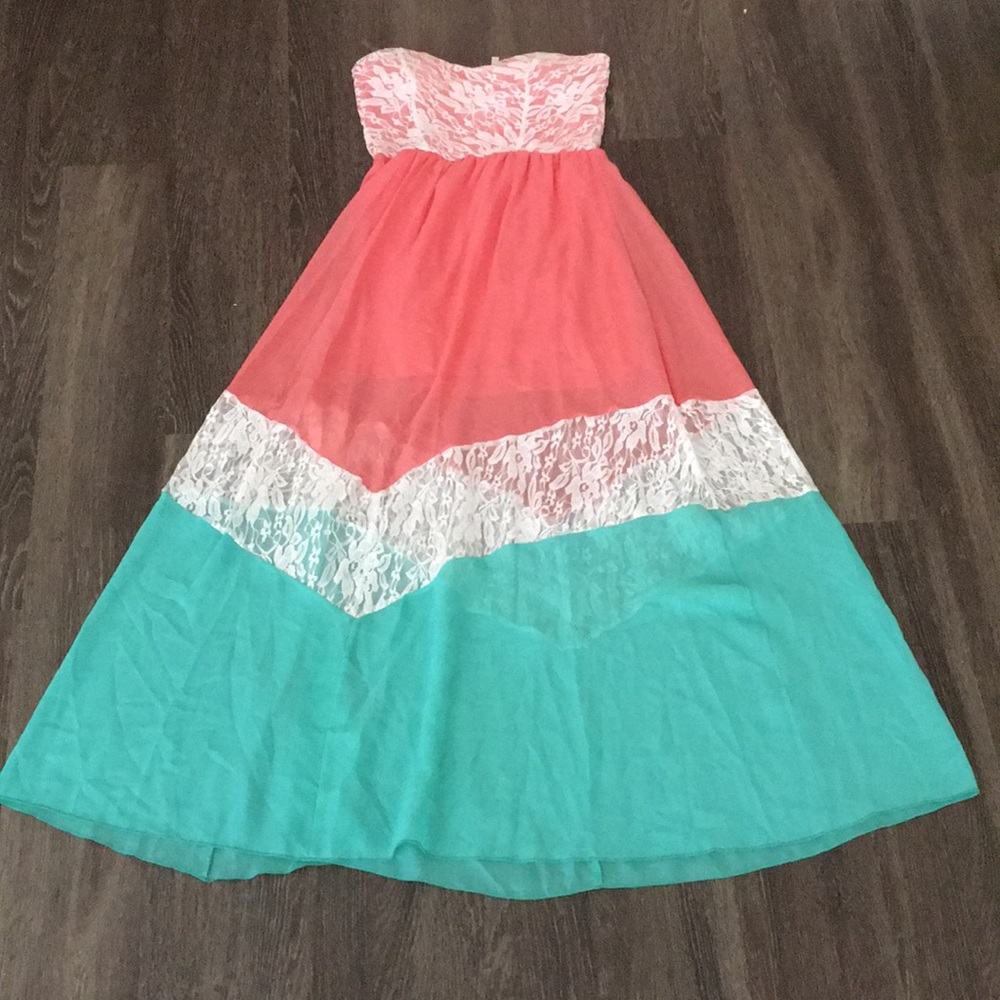 Coral lace color block maxi dress